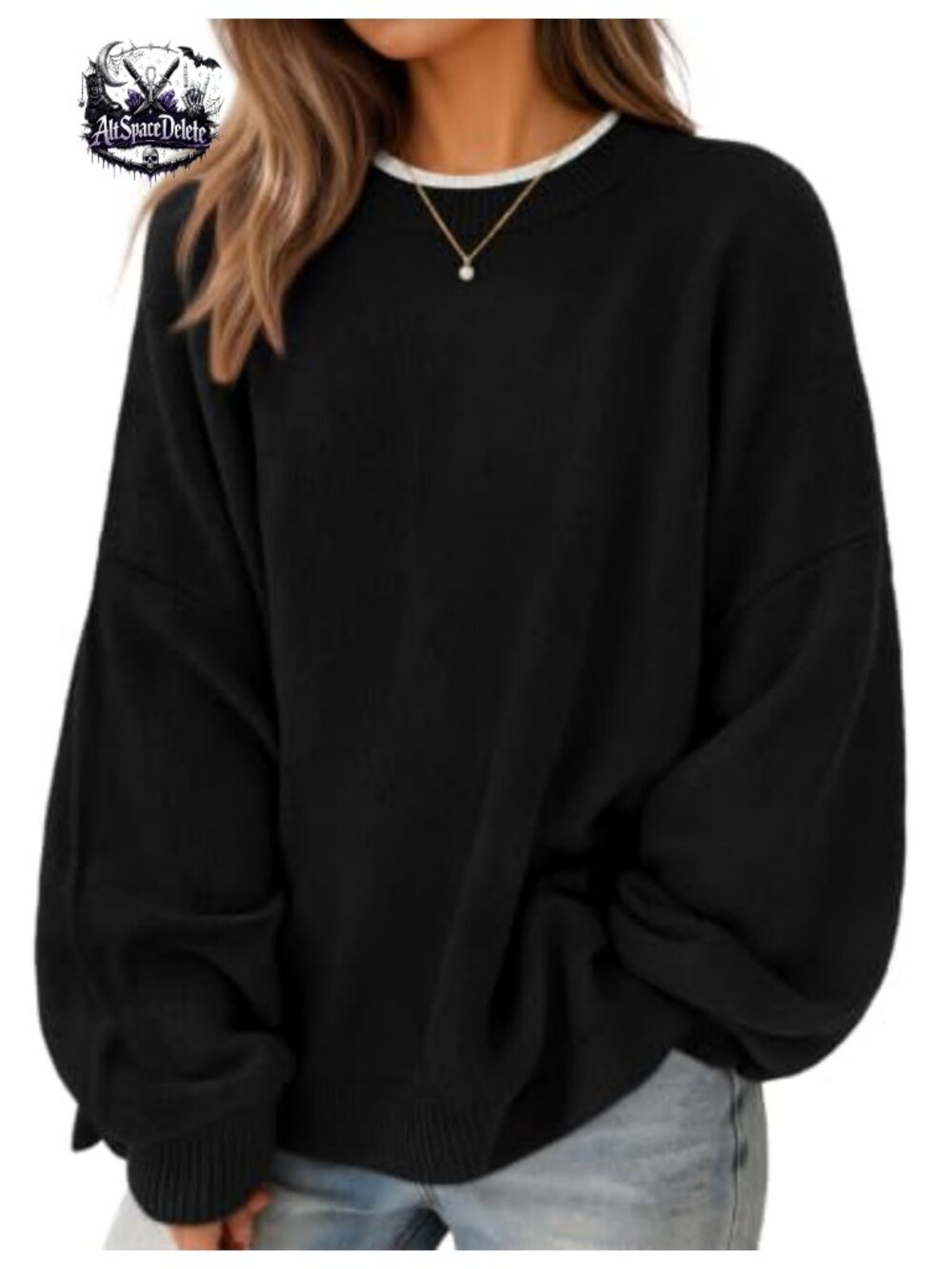 Oversized Crew Neck Pullover Sweater with Batwing Sleeves